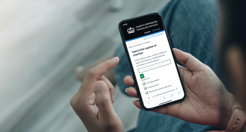 Image of mobile phone screen with the charity register