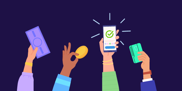 Hands holding up cash, coin and credit card ready to donate. Hand holding phone after donating safely.